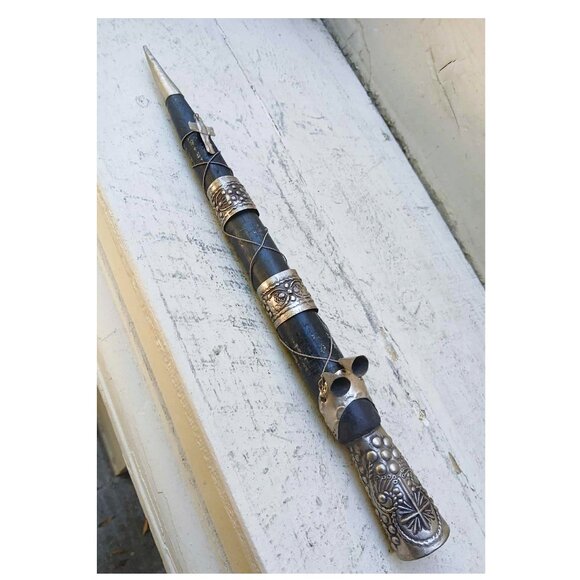 Authentic VTG Wood with Embossed Silver Metal Religious Trinkets Vampire Stake - Picture 1 of 9